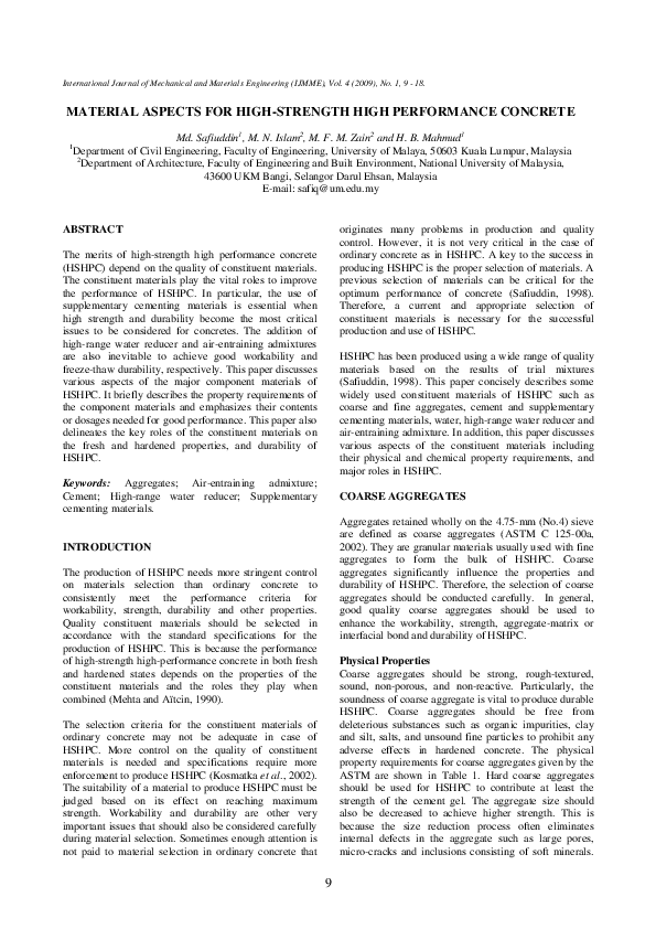 (PDF) Material aspects for high-strength high performance concrete