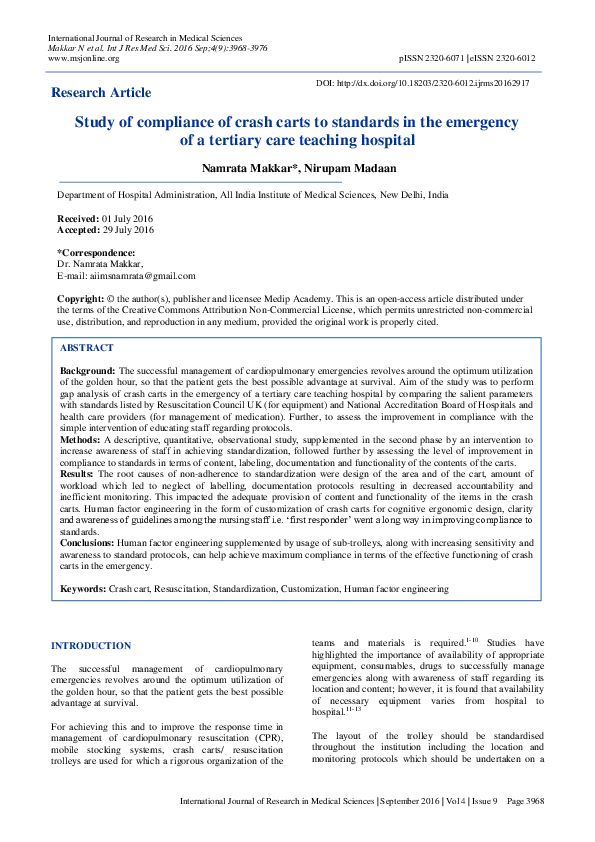 (PDF) Study of compliance of crash carts to standards in the emergency