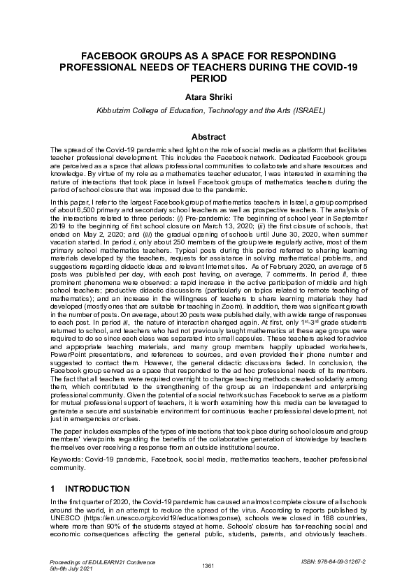(PDF) FACEBOOK GROUPS AS A SPACE FOR RESPONDING PROFESSIONAL NEEDS OF ...