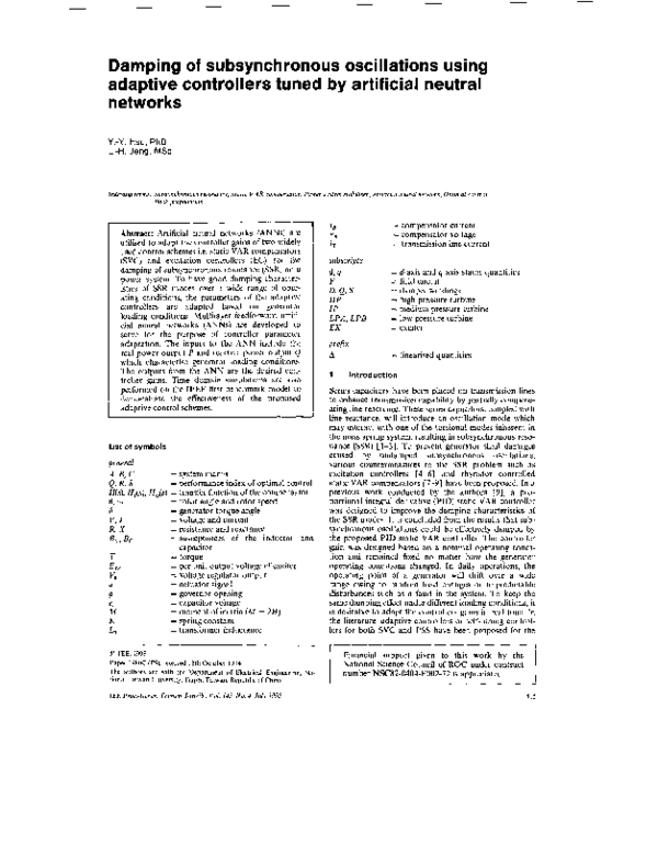 (PDF) Damping of subsynchronous oscillations using adaptive controllers ...