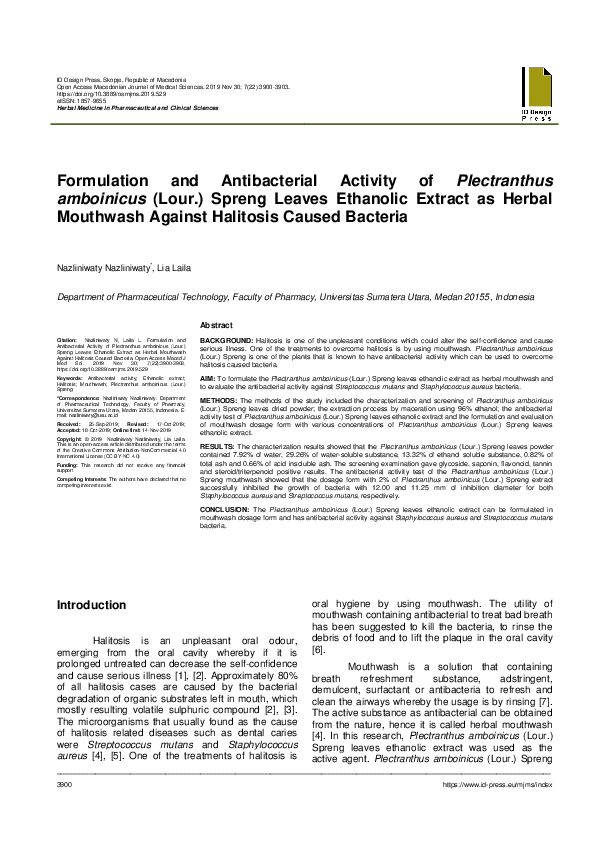 (PDF) Formulation and Antibacterial Activity of Plectranthus amboinicus ...