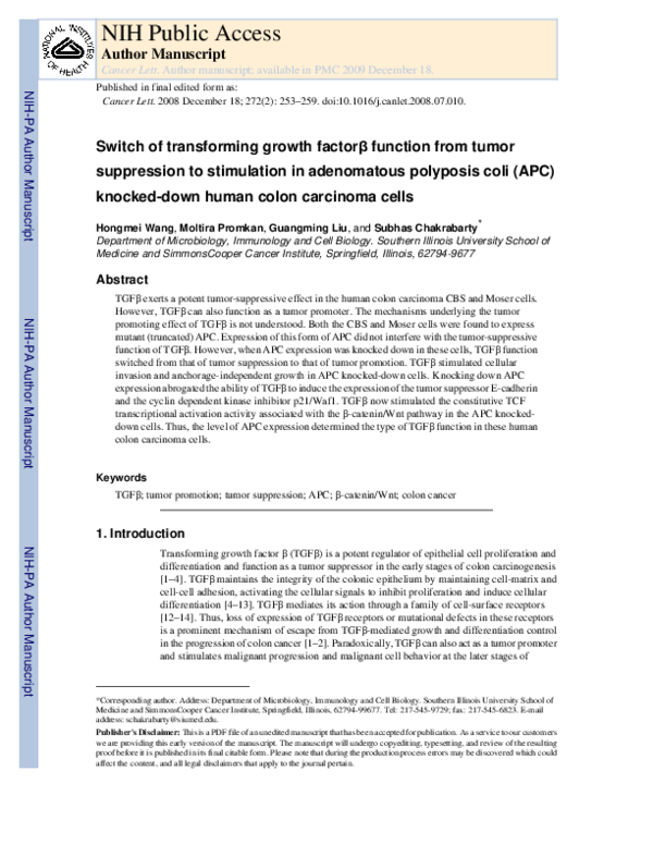 (PDF) Switch of transforming growth factor β function from tumor ...