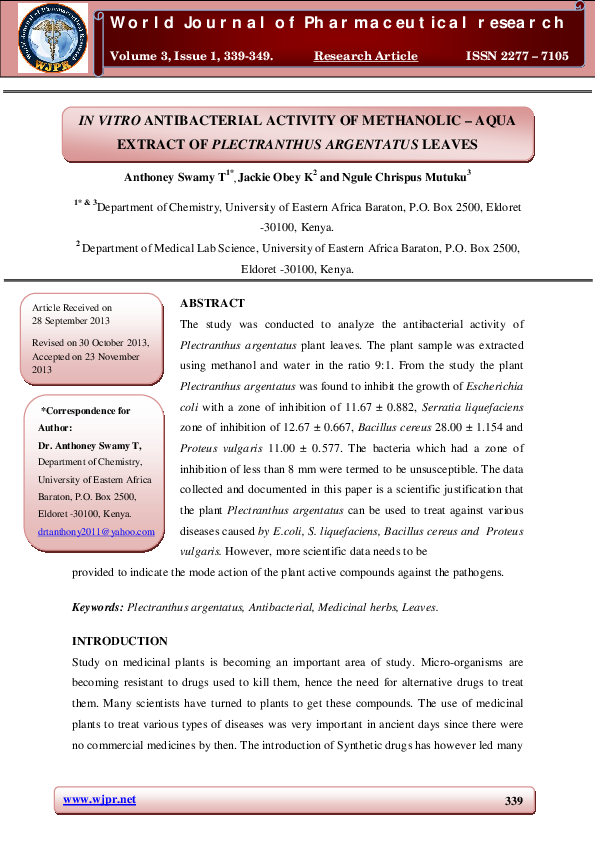 (PDF) In Vitro Antibacterial Activity of Methanolic Extract from Some ...