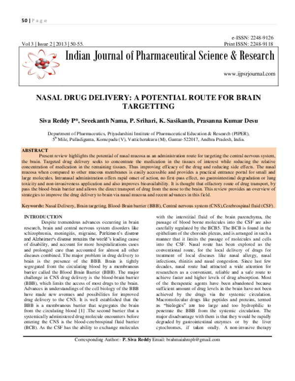 (PDF) Nasal Drug Delivery: A Potential Route for Brain Targetting