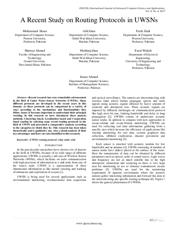 (PDF) A Recent Study on Routing Protocols in UWSNs