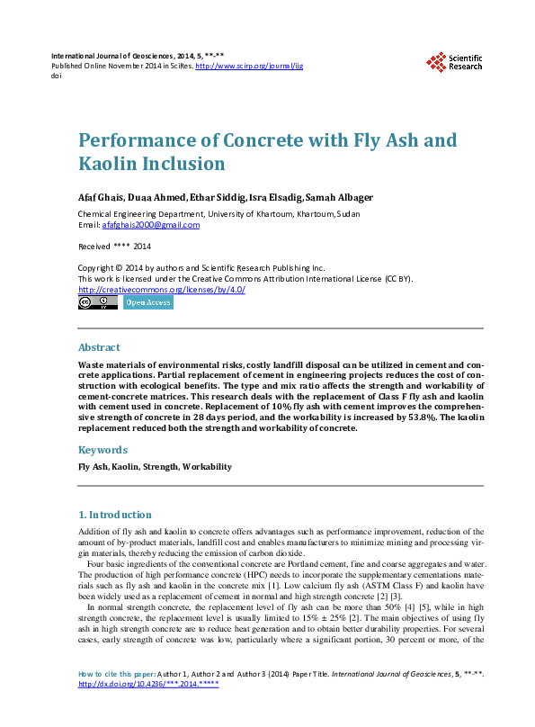 (PDF) Performance of Concrete with Fly Ash and Kaolin Inclusion