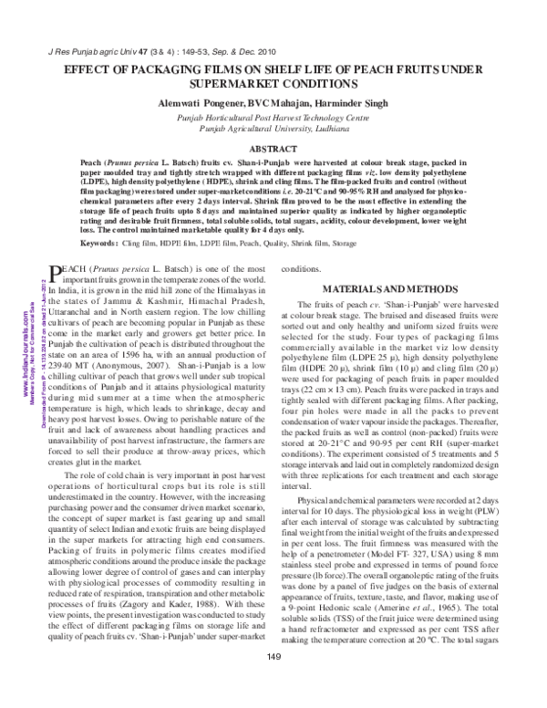 (PDF) Effect of Packaging Films on Shelf Life of Peach Fruits Under ...