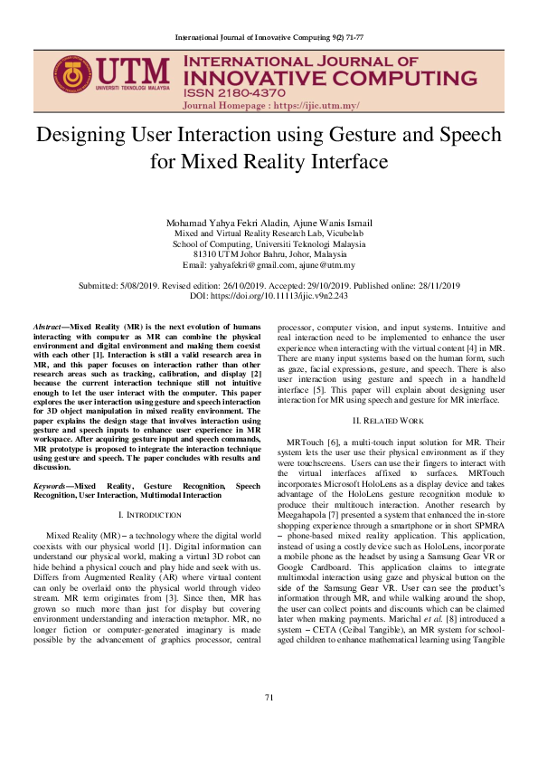 (PDF) Designing User Interaction using Gesture and Speech for Mixed ...