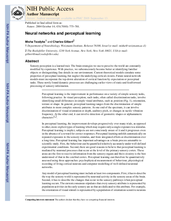 (PDF) Neural networks and perceptual learning