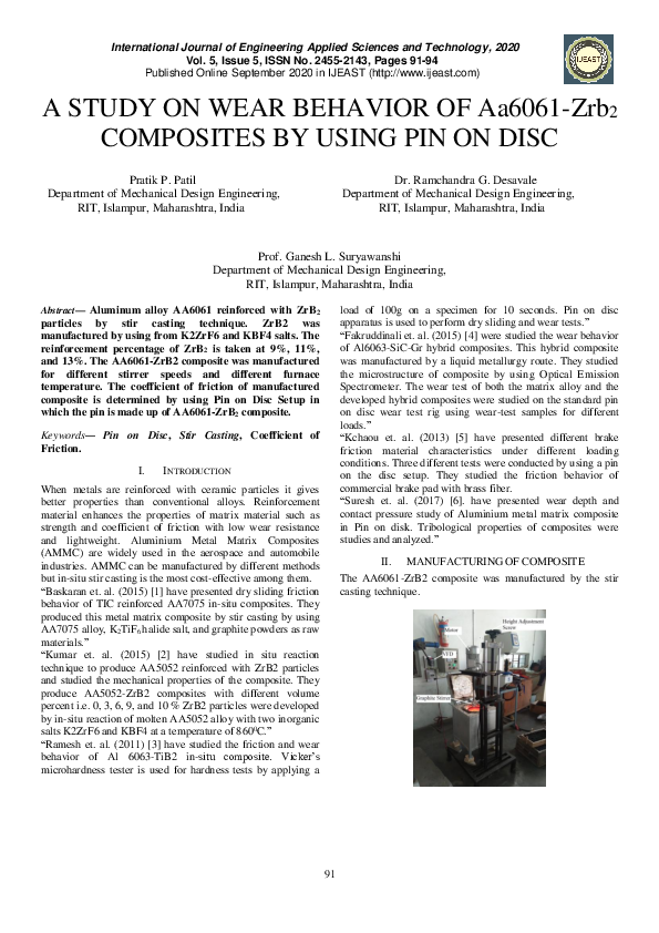 (PDF) A STUDY ON WEAR BEHAVIOR OF Aa6061-Zrb2 COMPOSITES BY USING PIN ...
