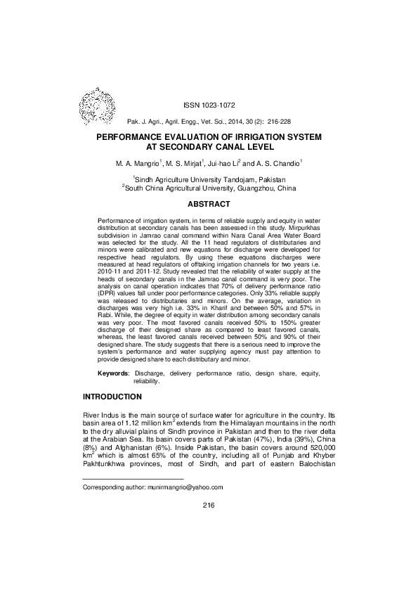 (PDF) Performance Evaluation of Irrigation System at Secondary Canal Level