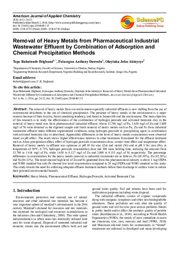 (PDF) Removal of Heavy Metals from Pharmaceutical Industrial Wastewater ...