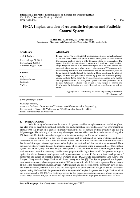 (PDF) FPGA Implementation of Automatic Irrigation and Pesticide Control ...