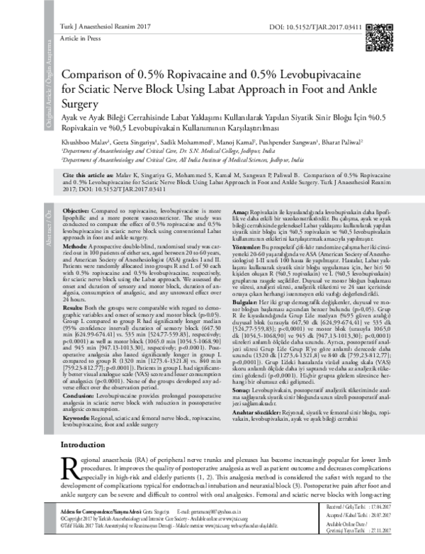 (PDF) Comparison of 0.5% Ropivacaine and 0.5% Levobupivacaine for ...