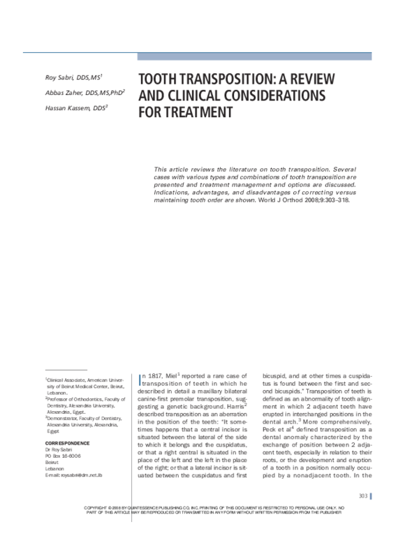 (PDF) Tooth transposition: a review and clinical considerations for ...