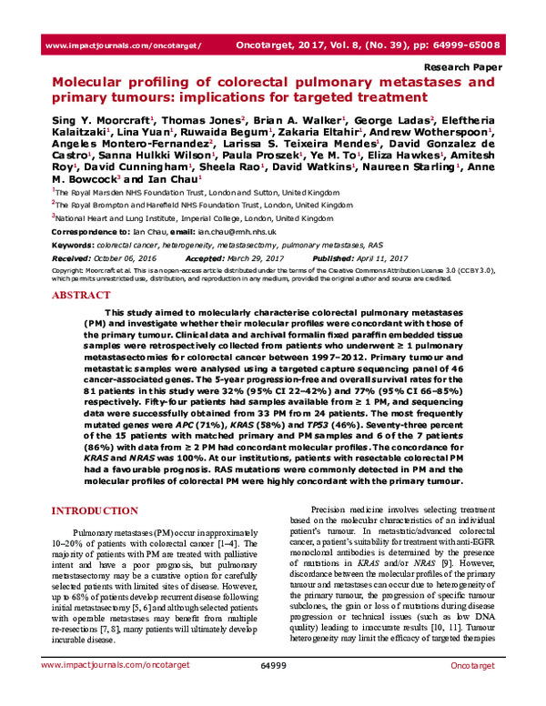 (PDF) Molecular profiling of colorectal pulmonary metastases and ...