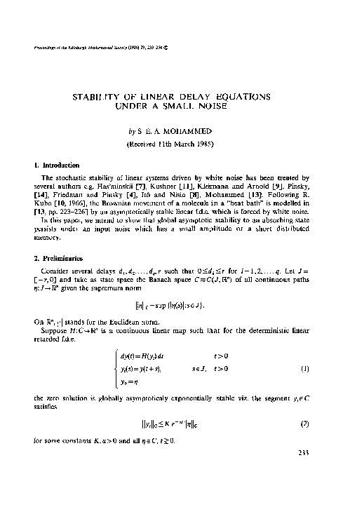 (PDF) Stability of linear delay equations under a small noise
