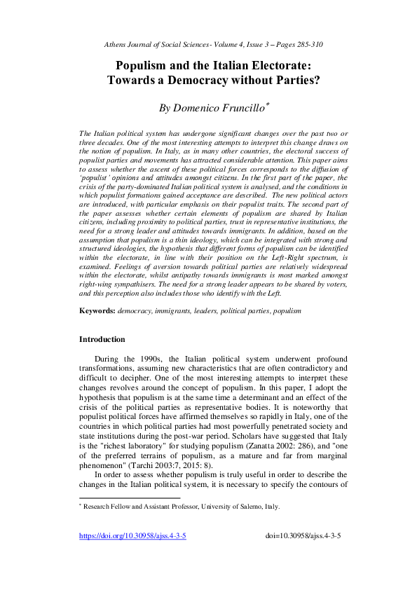 (PDF) Populism and the Italian Electorate: Towards a Democracy without ...