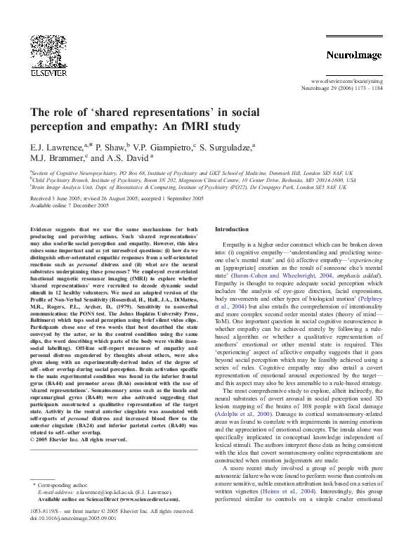 (PDF) The role of 'shared representations' in social perception and ...