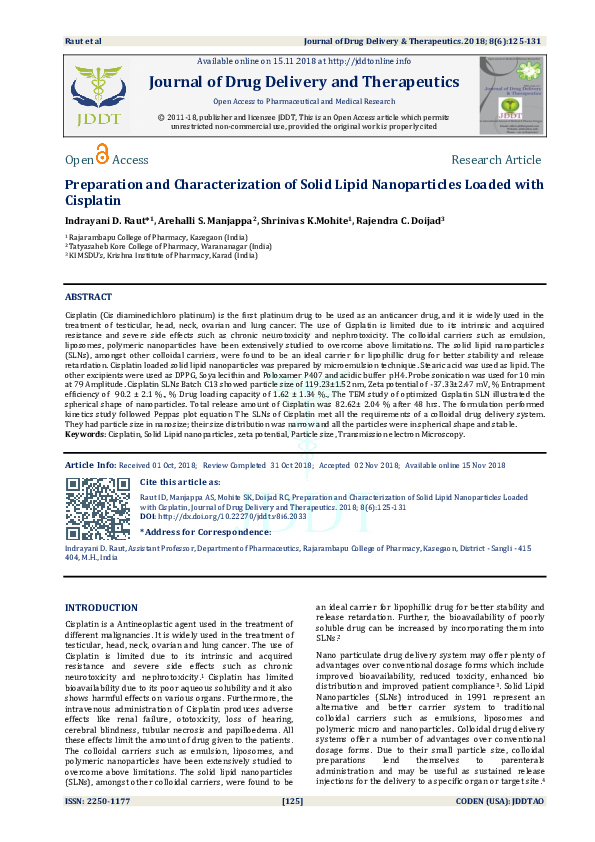 (PDF) Preparation and Characterization of Solid Lipid Nanoparticles ...