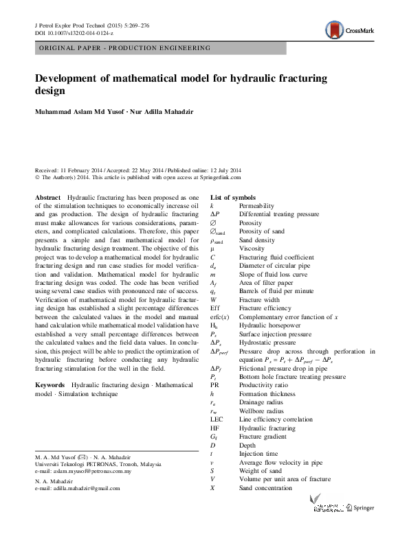 (PDF) Development of mathematical model for hydraulic fracturing design