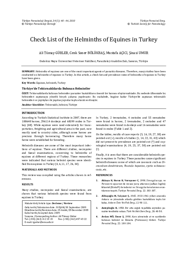 (PDF) Check list of the helminths of equines in Turkey Ali Tümay