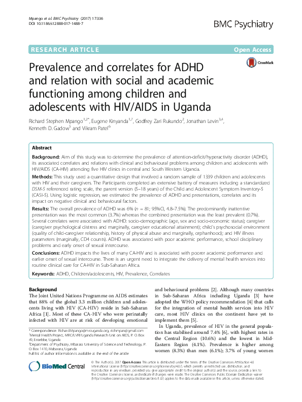 (PDF) Prevalence and correlates for ADHD and relation with social and ...