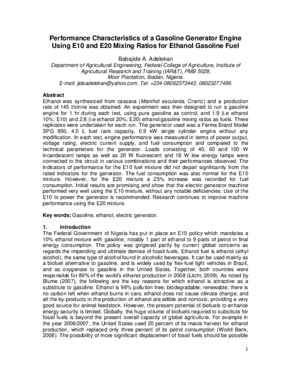 (PDF) Performance Characteristics of a Gasoline Generator Engine Using ...