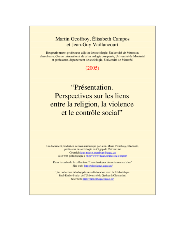 (PDF) Perspectives sur les liens entre la religion, la violence et le ...