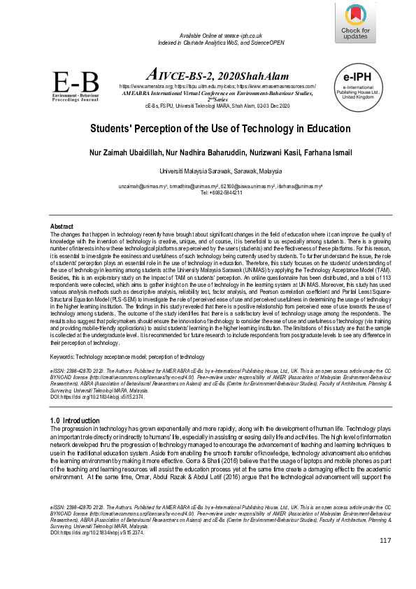 (PDF) Students' Perception of the Use of Technology in Education