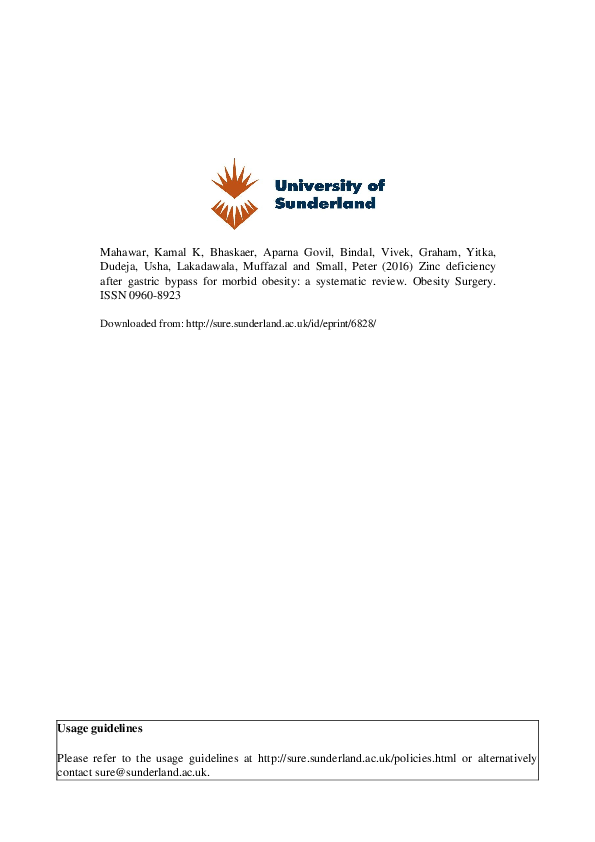 (PDF) Zinc Deficiency after Gastric Bypass for Morbid Obesity a