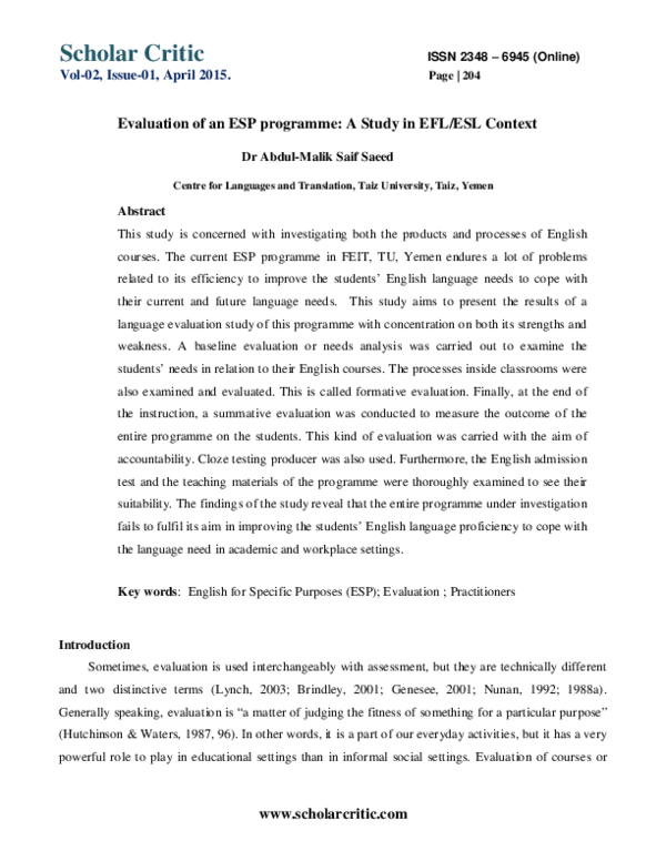 (PDF) Evaluation of an ESP programme: A Study in EFL/ESL Context