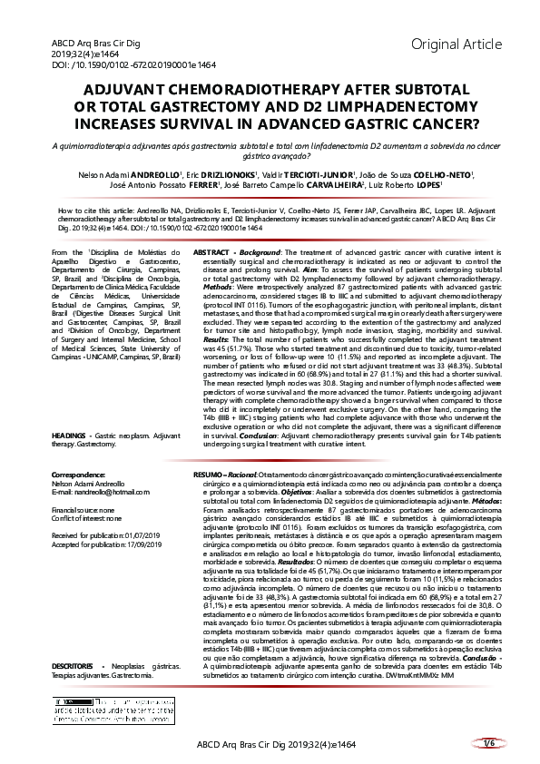 (PDF) Survival Impact of Adjuvant Therapy in Gastrectomy