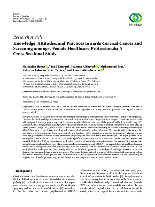(PDF) Knowledge, Attitudes, and Practices towards Cervical Cancer and ...