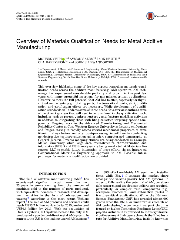 PDF) Overview of Materials Qualification Needs for Metal Additive 