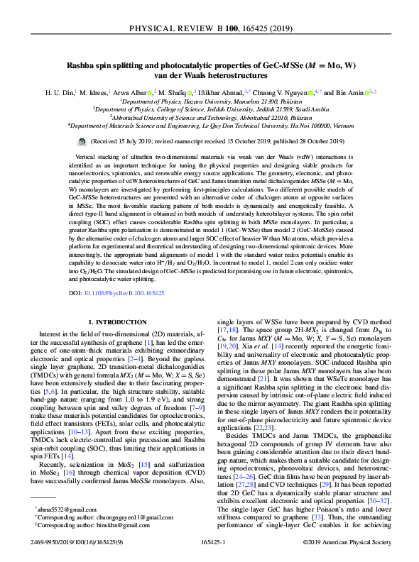 (PDF) Rashba spin splitting and photocatalytic properties of GeC−MSSe ...