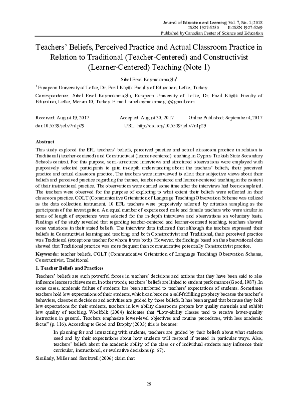 (PDF) Teachers’ Beliefs, Perceived Practice and Actual Classroom ...