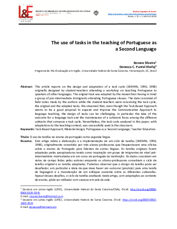 (PDF) The use of tasks in the teaching of Portuguese as a Second Language