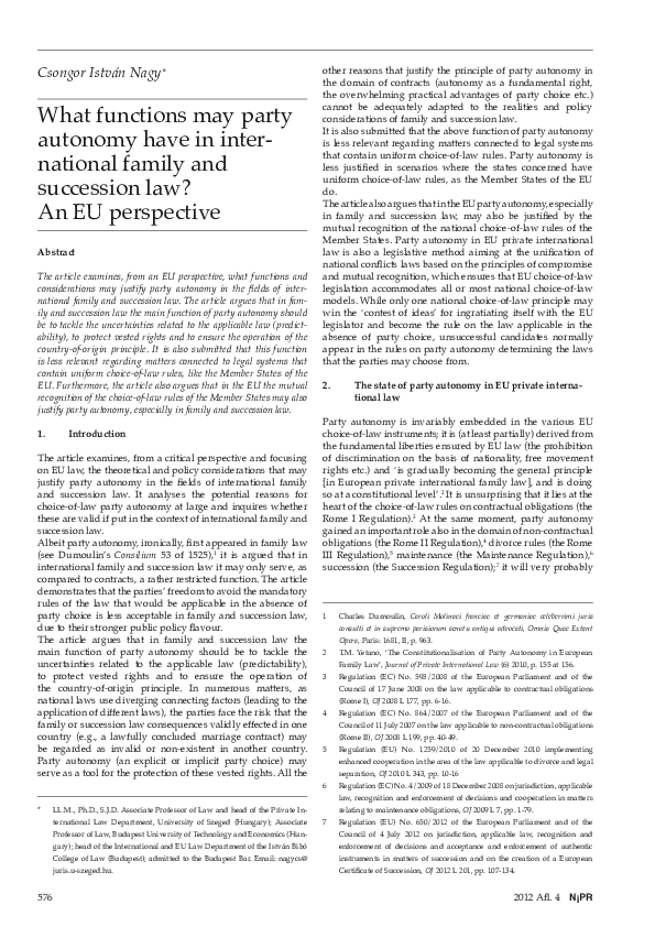 (PDF) What Functions May Party Autonomy Have in International Family ...
