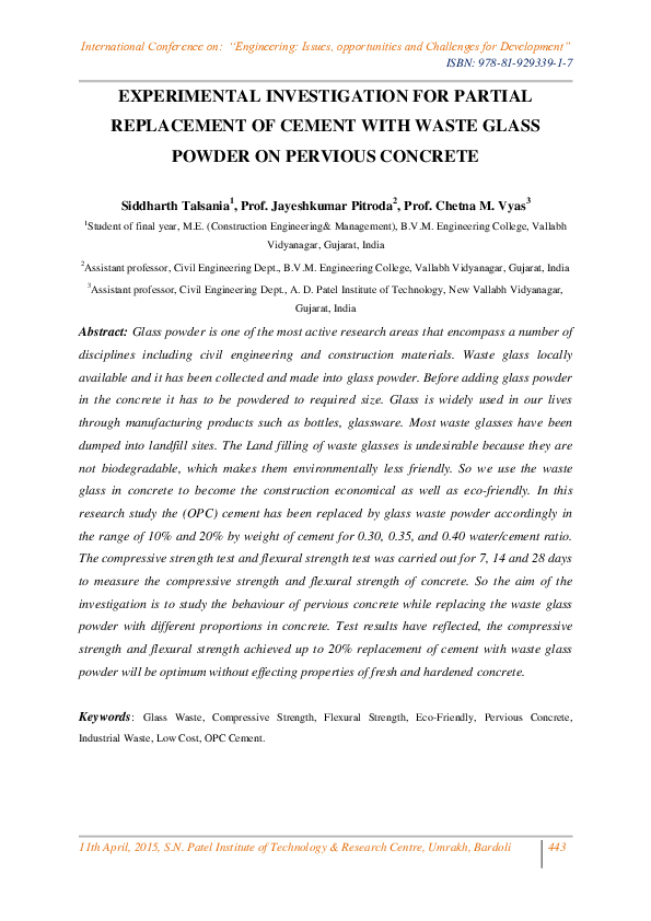 (PDF) EXPERIMENTAL INVESTIGATION FOR PARTIAL REPLACEMENT OF CEMENT WITH ...