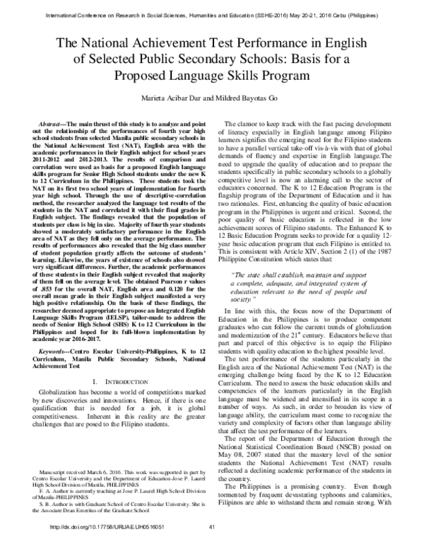 (PDF) The National Achievement Test Performance in English of Selected ...