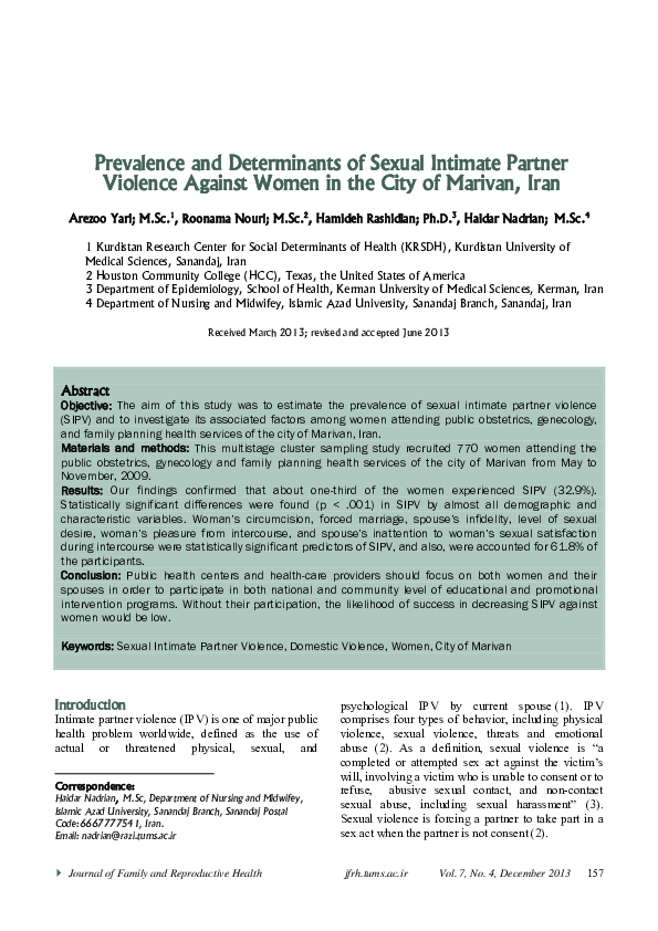 (PDF) Prevalence and determinants of sexual intimate partner violence ...