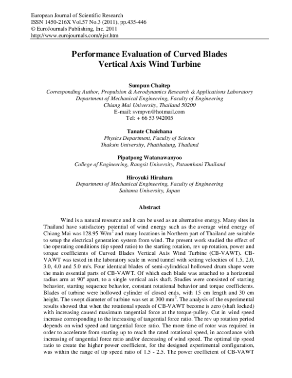 (PDF) Performance Evaluation of Curved Blades Vertical Axis Wind Turbine