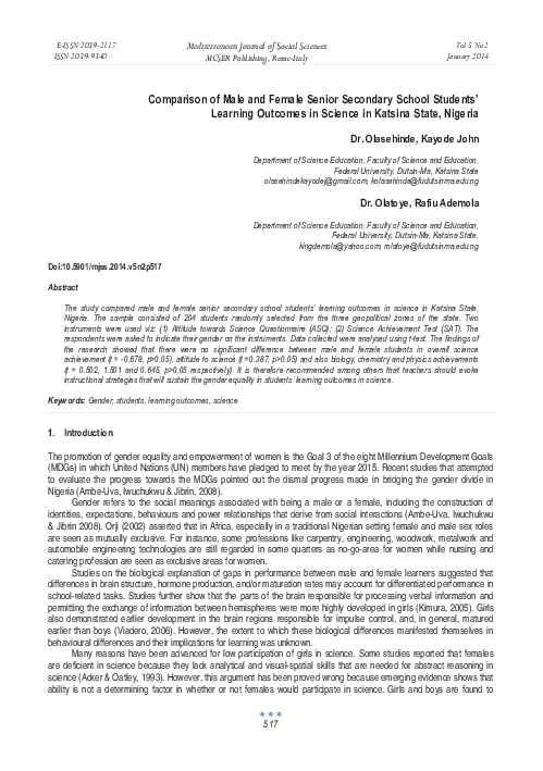 (PDF) Comparison of Male and Female Senior Secondary School Students ...