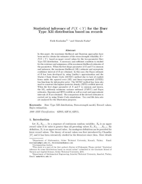 (PDF) Statistical inference of P(X Y ) for the Burr Type XII ...