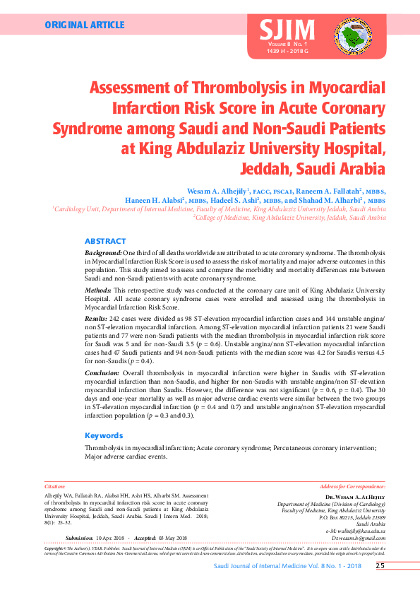 (PDF) Assessment of Thrombolysis in Myocardial Infarction Risk Score in ...
