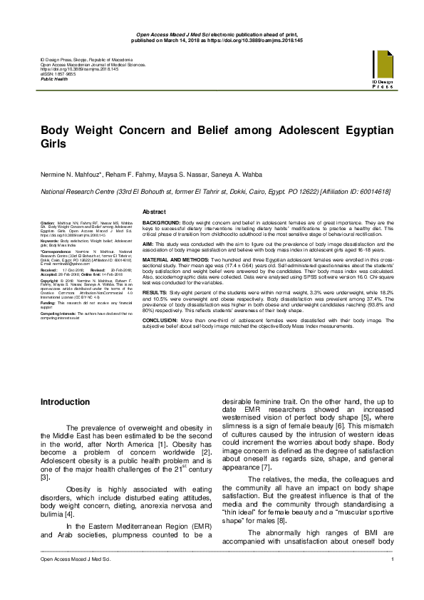 (PDF) Body Weight Concern and Belief among Adolescent Egyptian Girls