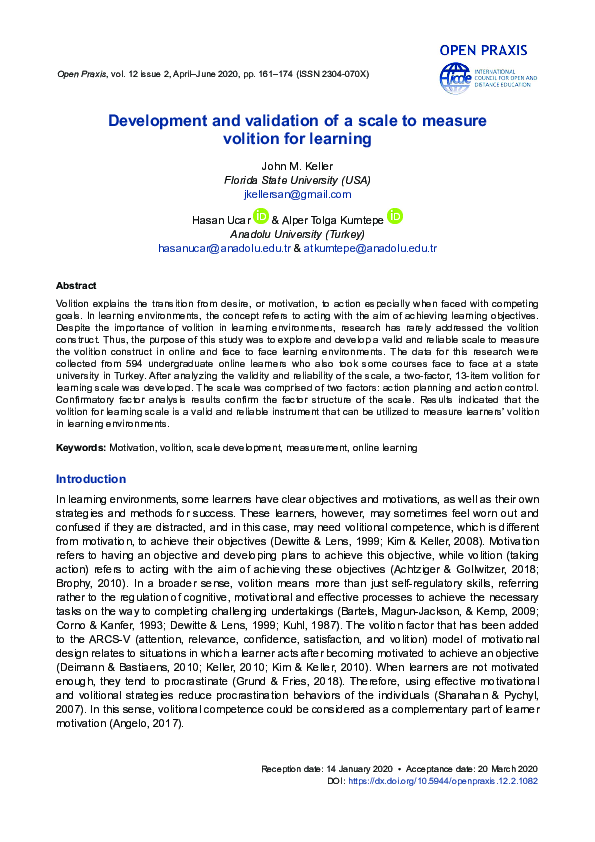 (PDF) Development and validation of a scale to measure volition for ...