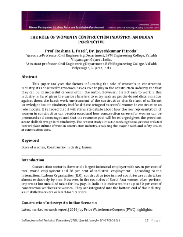 (PDF) THE ROLE OF WOMEN IN CONSTRUCTION INDUSTRY: AN INDIAN PERSPECTIVE