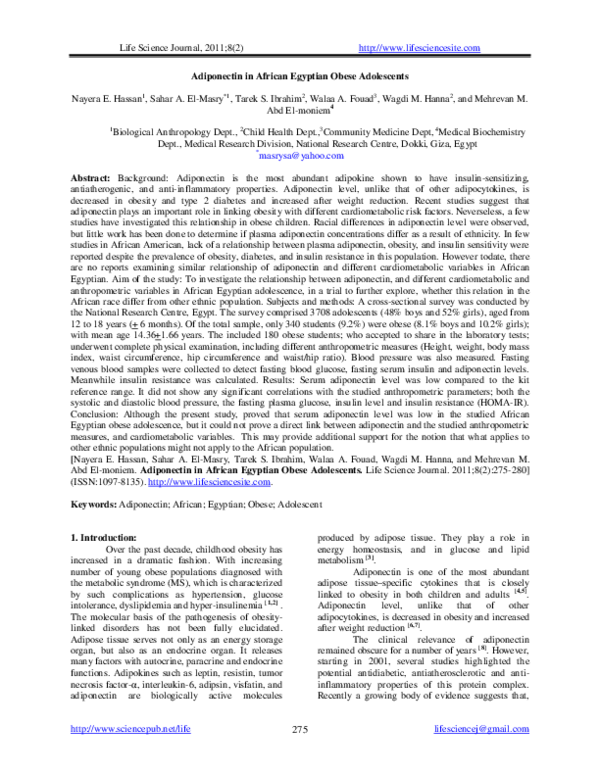 (PDF) Adiponectin in African Egyptian Obese Adolescents